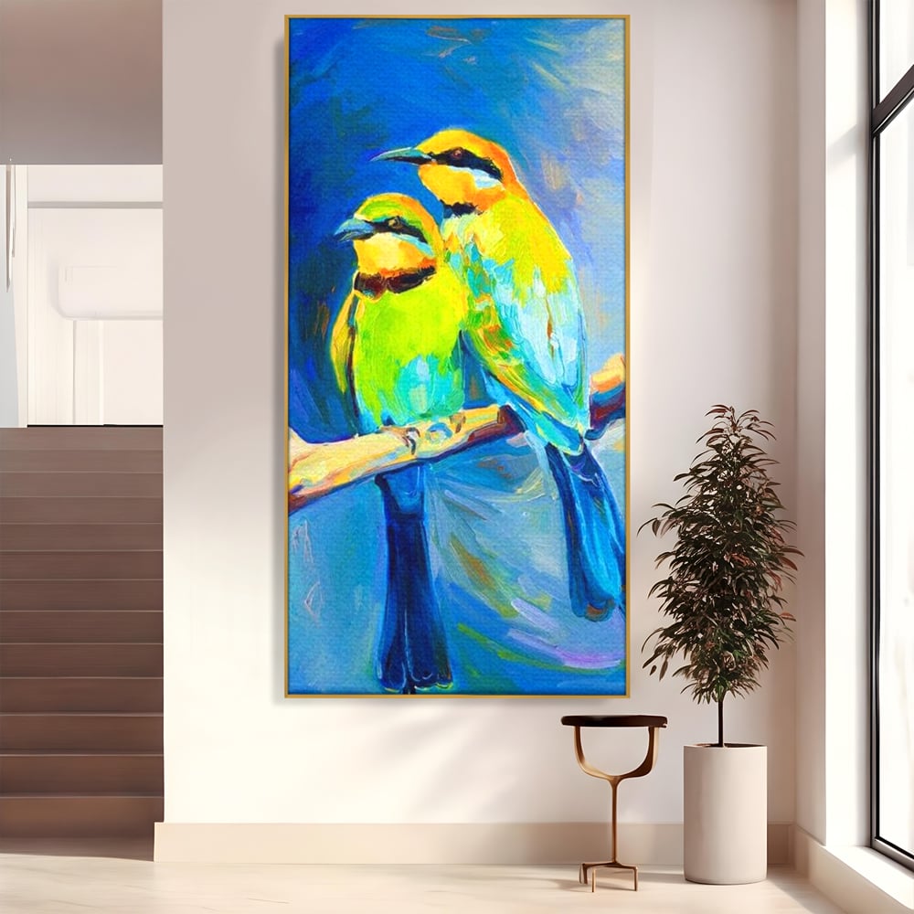 Tablou canvas cu tablou cu doua pasari pe creanga, in rama de aluminiu auriu